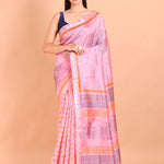 Pink Pure Silk Saree with Hand Block Print - Anvi Couture