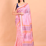Pink Pure Silk Saree with Hand Block Print - Anvi Couture