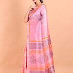 Pink Pure Silk Saree with Hand Block Print - Anvi Couture