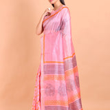 Pink Pure Silk Saree with Hand Block Print - Anvi Couture