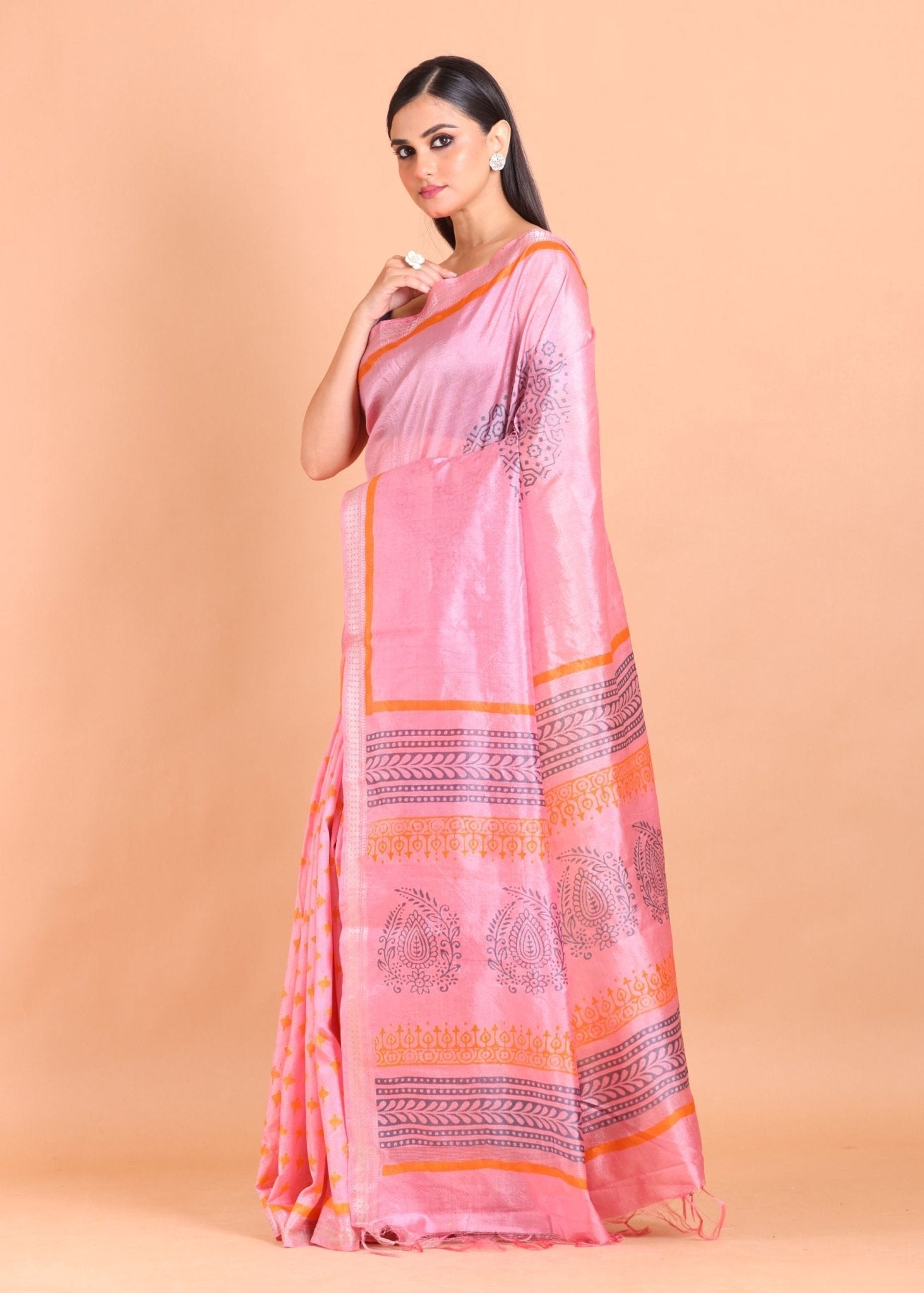Pink Pure Silk Saree with Hand Block Print - Anvi Couture