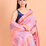 Pink Pure Silk Saree with Hand Block Print - Anvi Couture