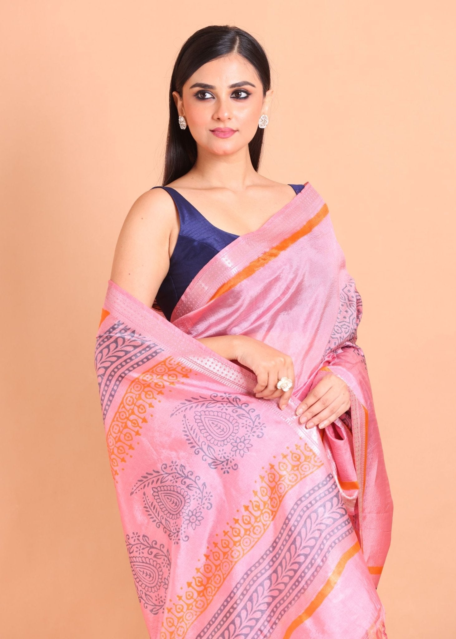 Pink Pure Silk Saree with Hand Block Print - Anvi Couture