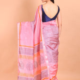 Pink Pure Silk Saree with Hand Block Print - Anvi Couture