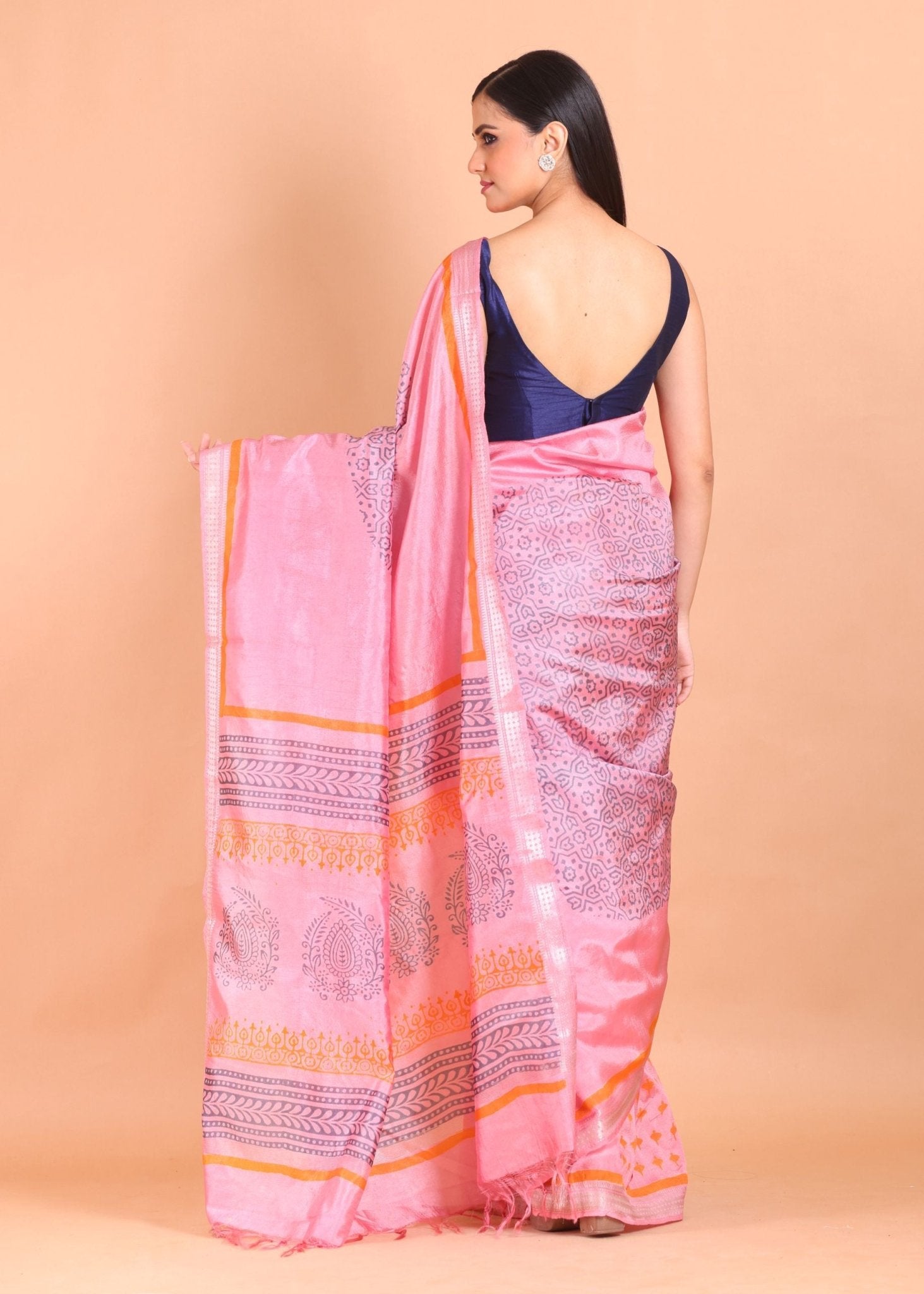 Pink Pure Silk Saree with Hand Block Print - Anvi Couture