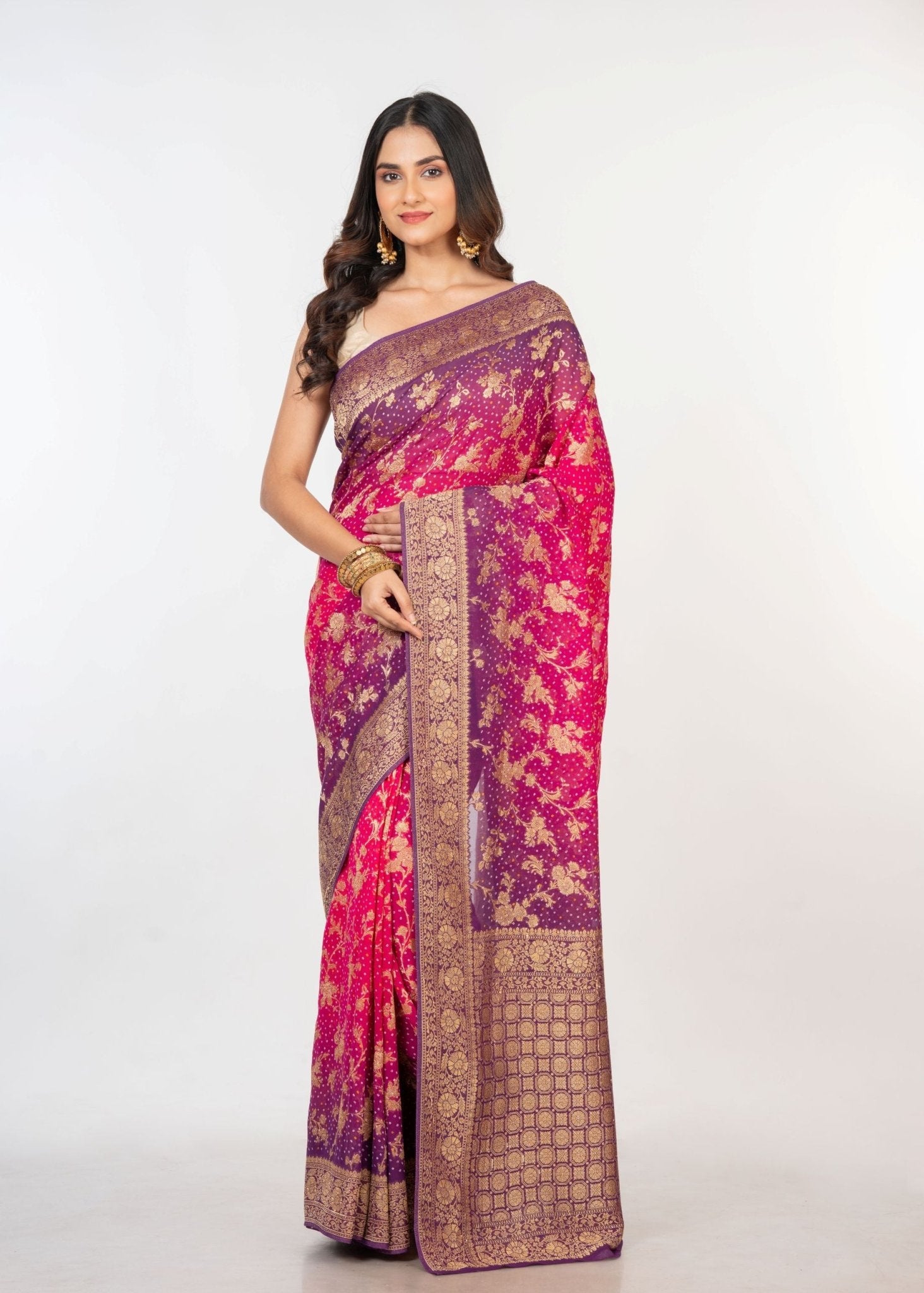 Pink Purple khaddi Georgette Bandhani Saree - Anvi Couture