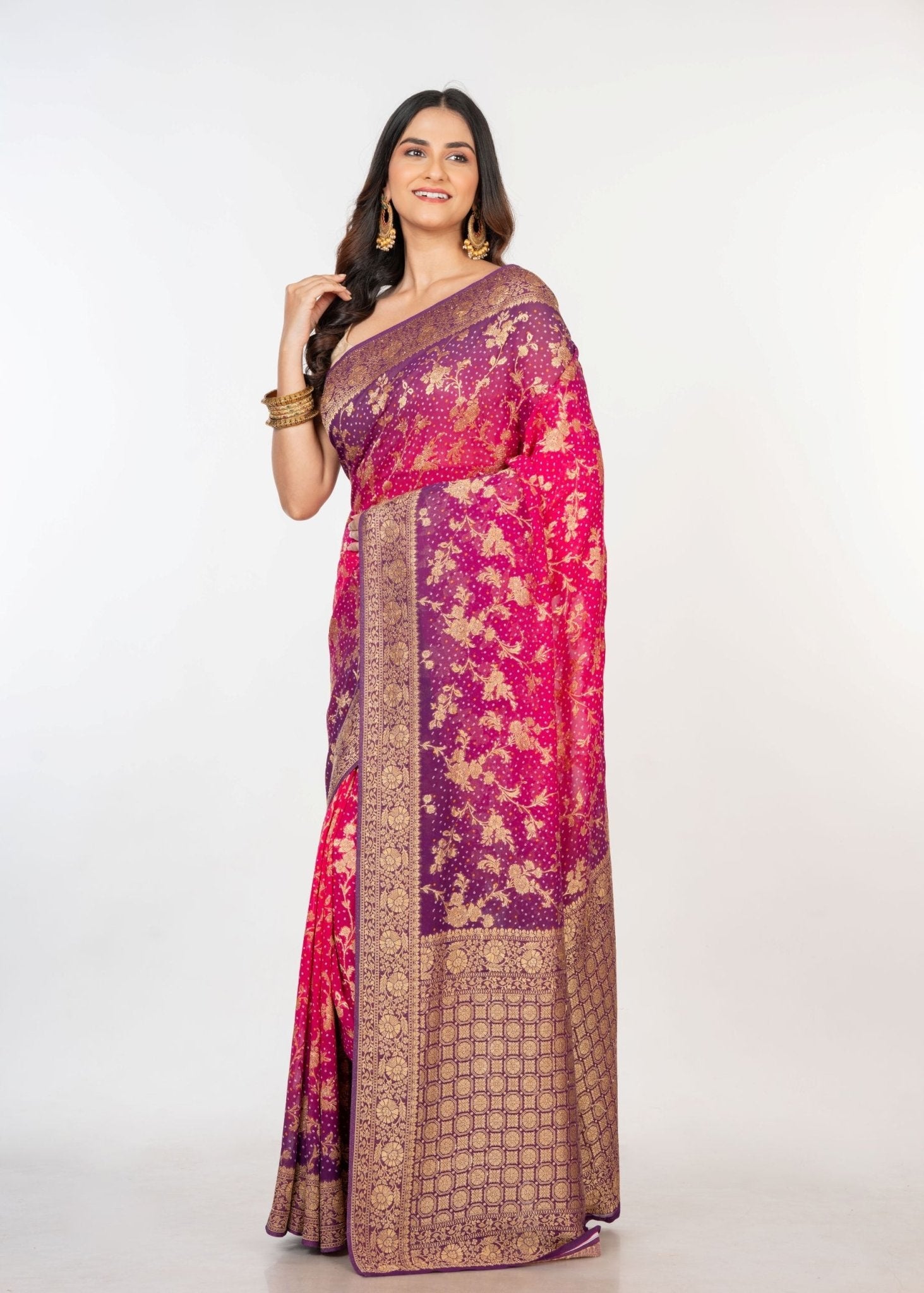 Pink Purple khaddi Georgette Bandhani Saree - Anvi Couture