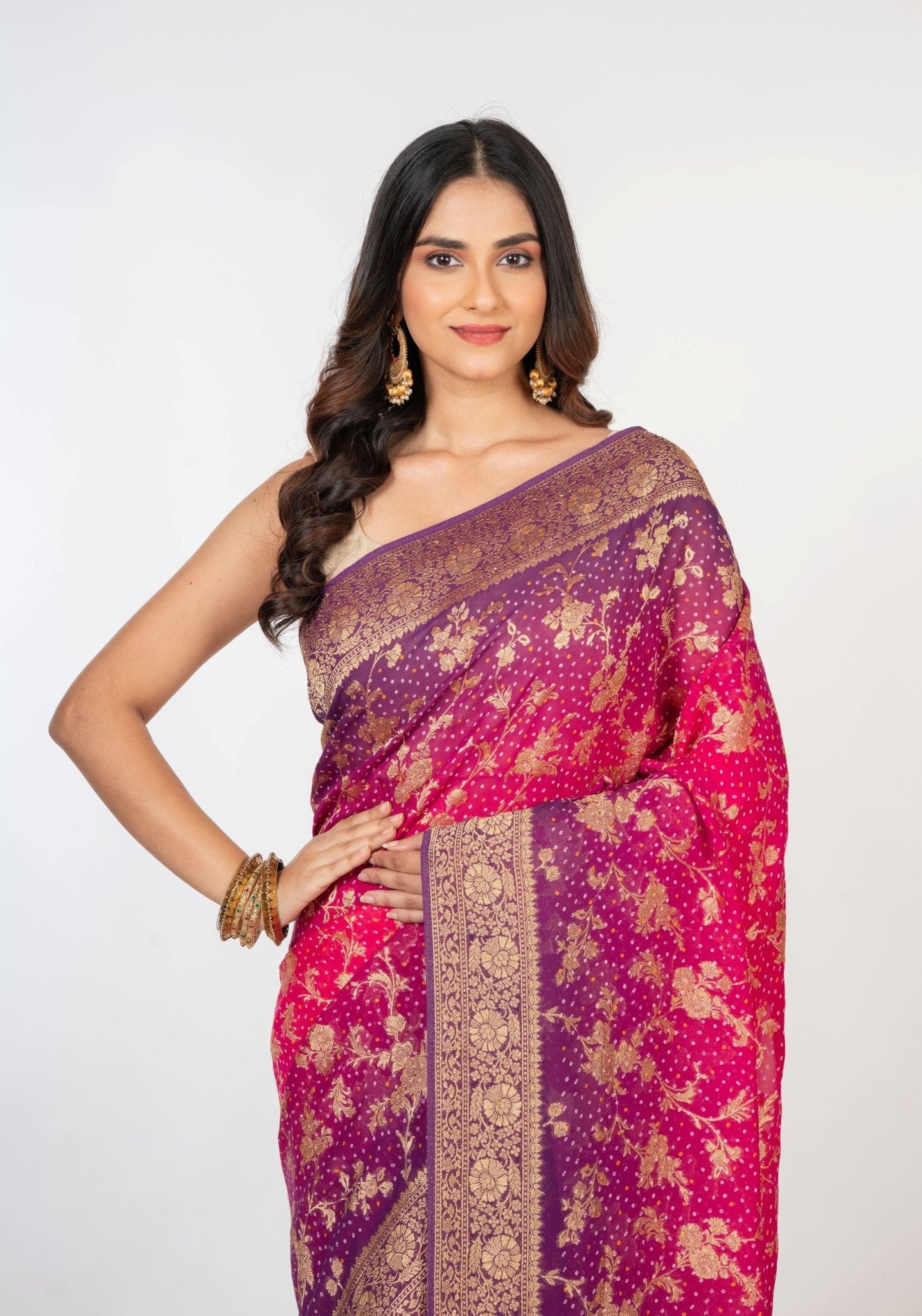 Pink Purple khaddi Georgette Bandhani Saree - Anvi Couture