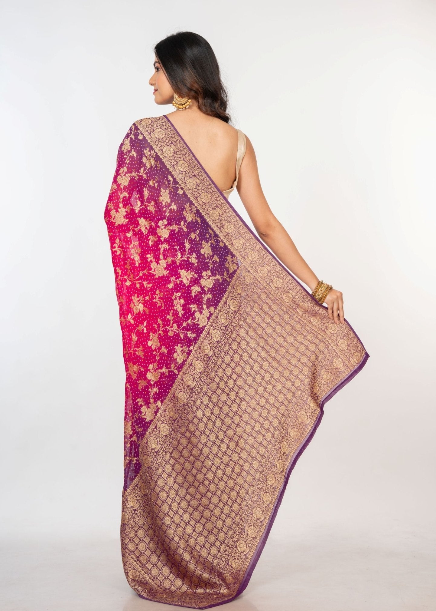 Pink Purple khaddi Georgette Bandhani Saree - Anvi Couture