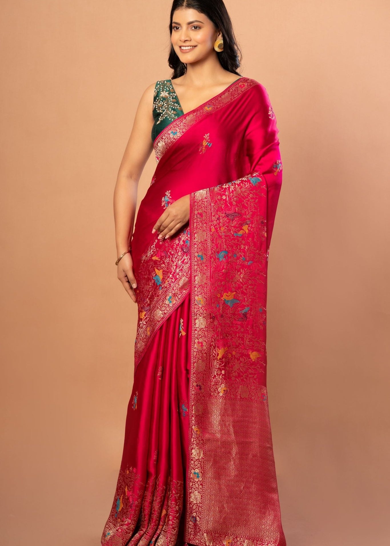 Pink Satin Silk Banarasi Handloom Saree with Floral Design - Anvi Couture