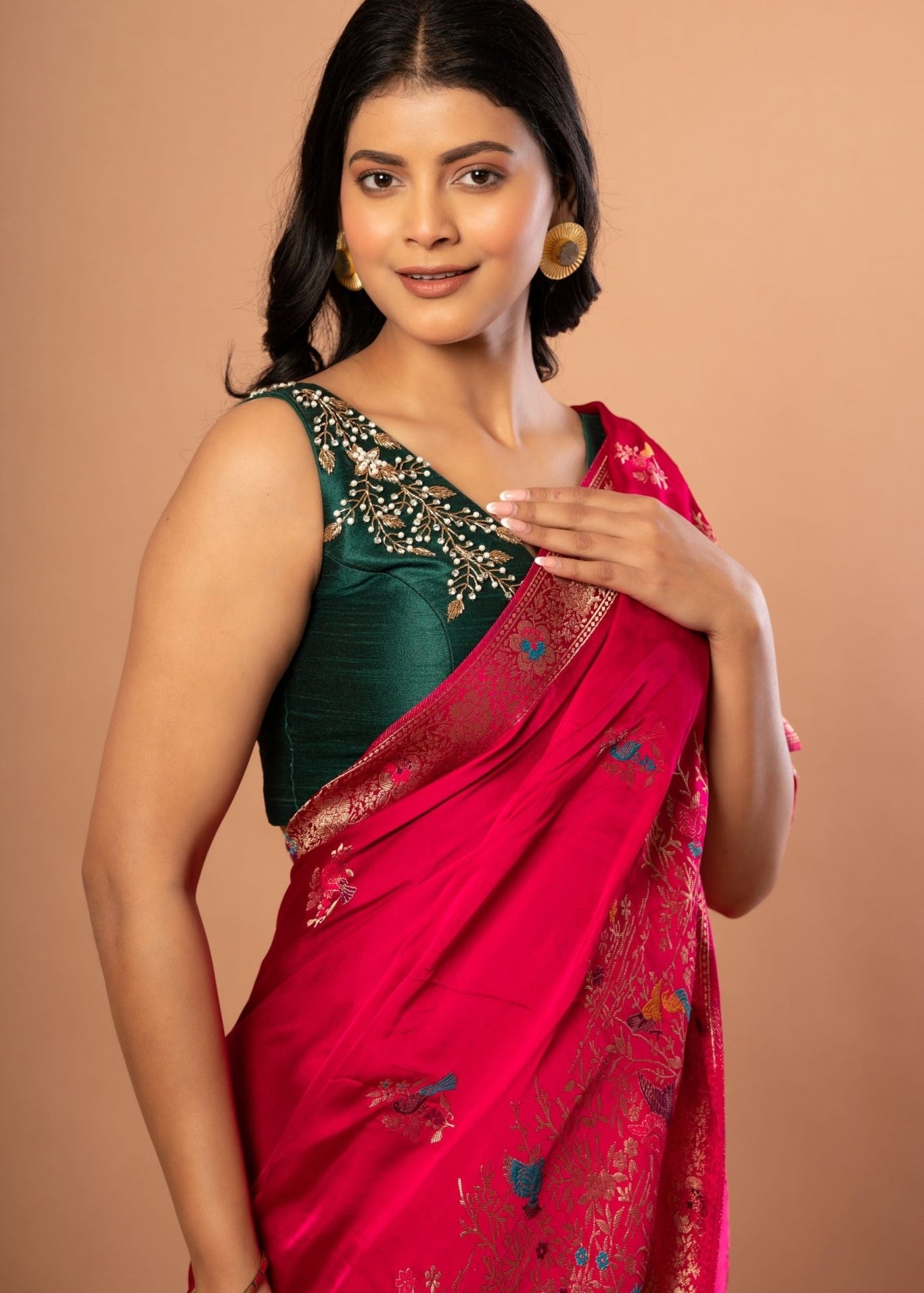 Pink Satin Silk Banarasi Handloom Saree with Floral Design - Anvi Couture