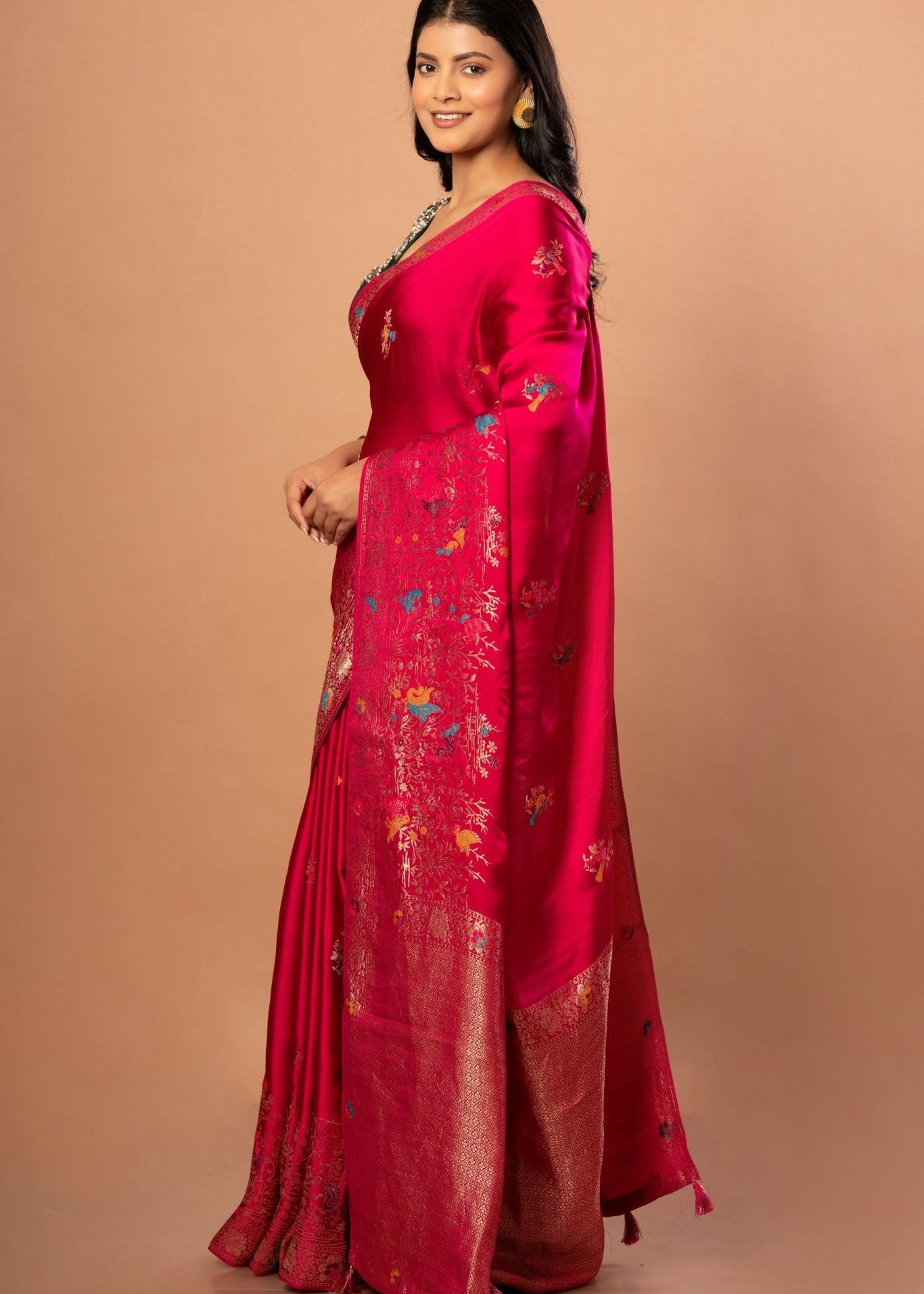 Pink Satin Silk Banarasi Handloom Saree with Floral Design - Anvi Couture