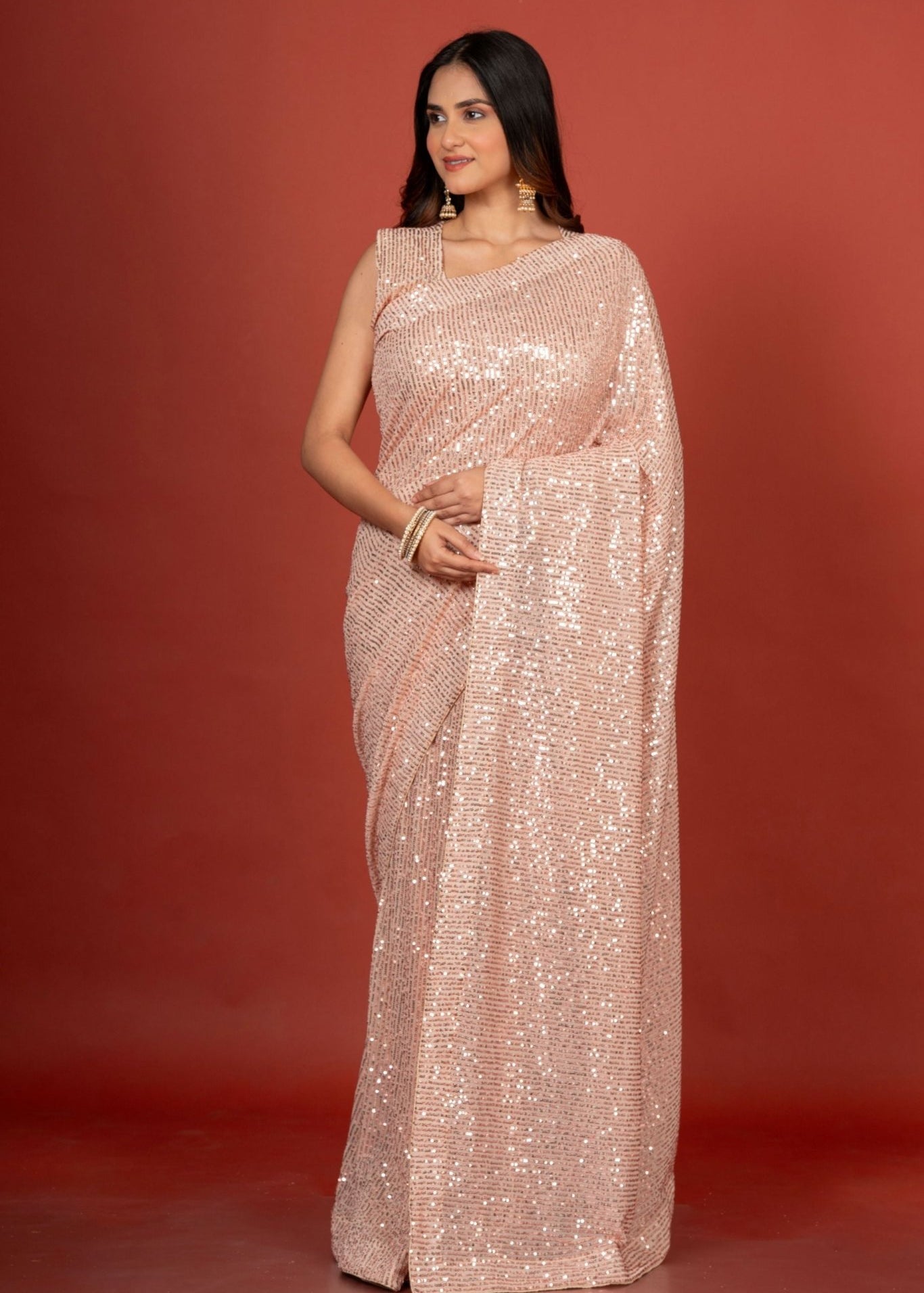 Pink Sequin Party Wear Saree - Anvi Couture