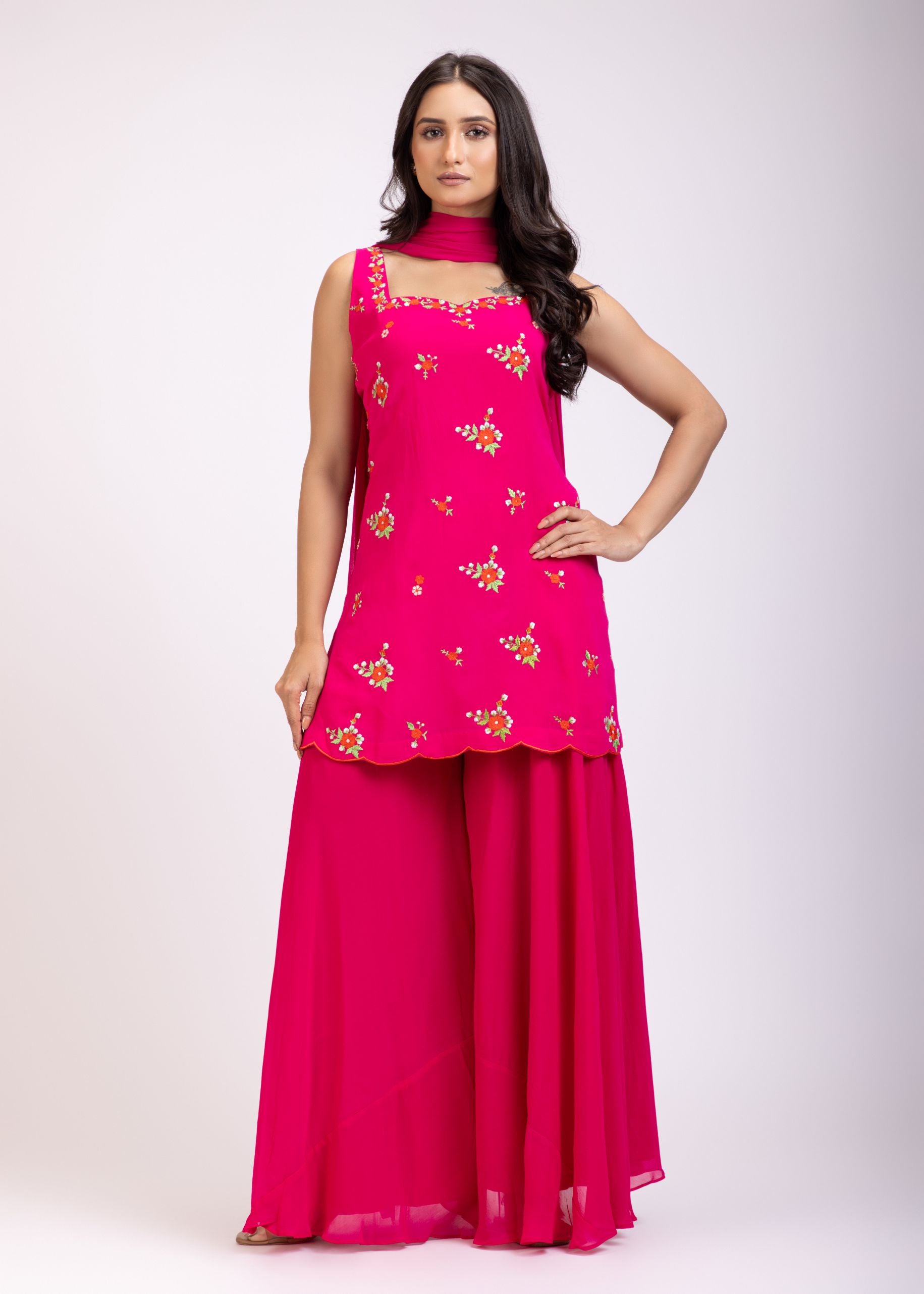 Pink Sharara Set With Floral Hand Embroidered Work full