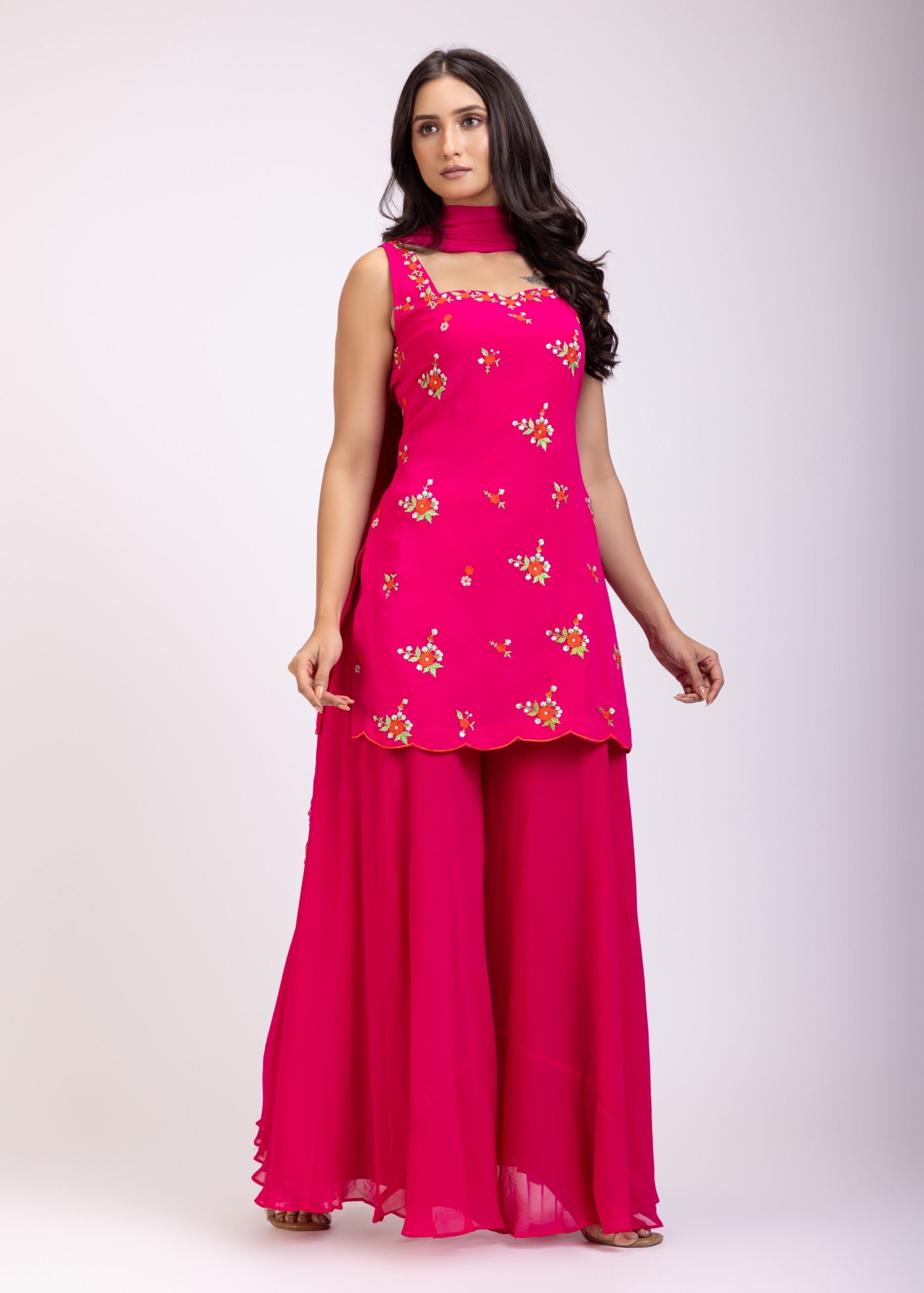 Pink Sharara Set With Floral Hand Embroidered Work front