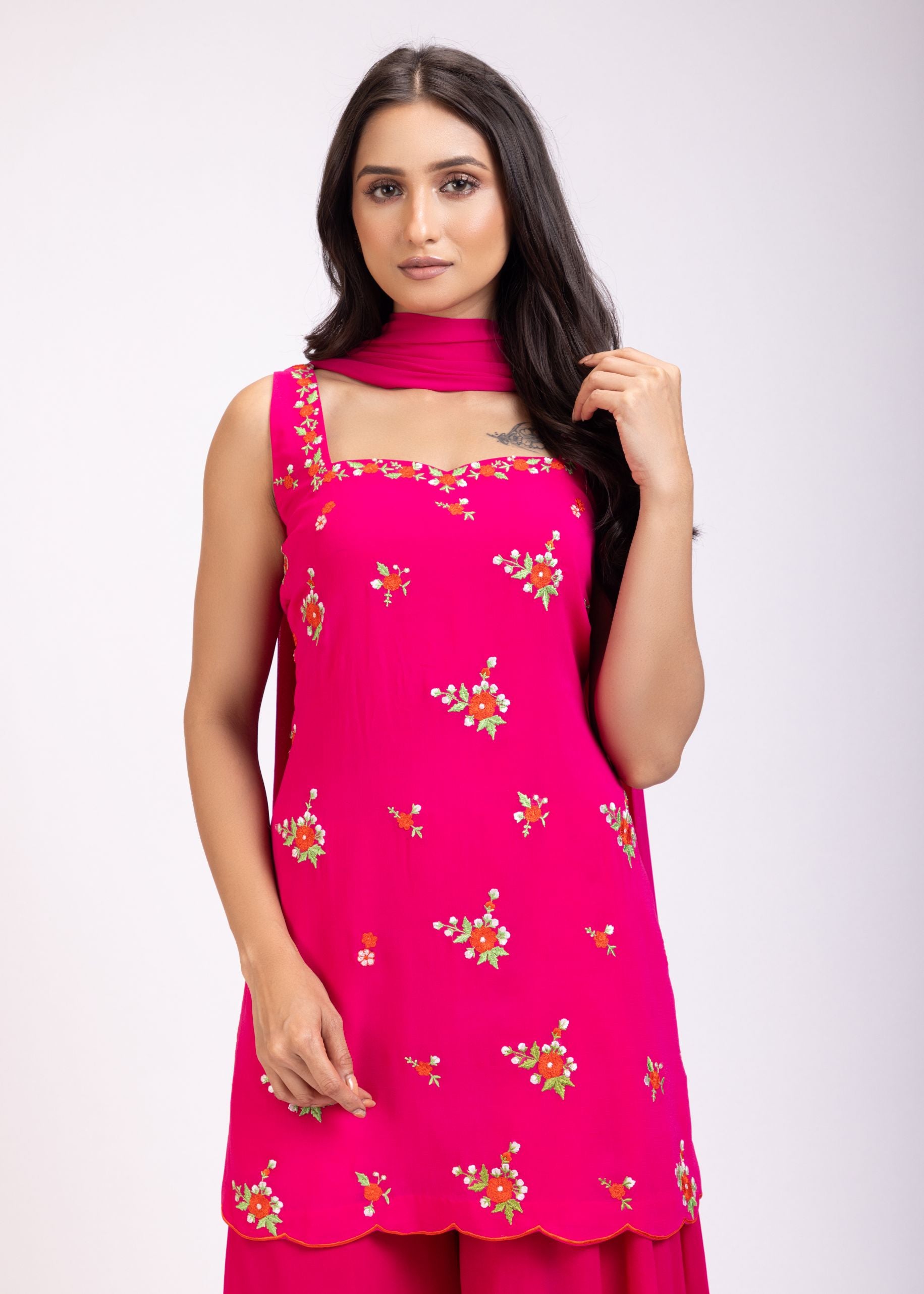 Pink Sharara Set With Floral Hand Embroidered Work close up