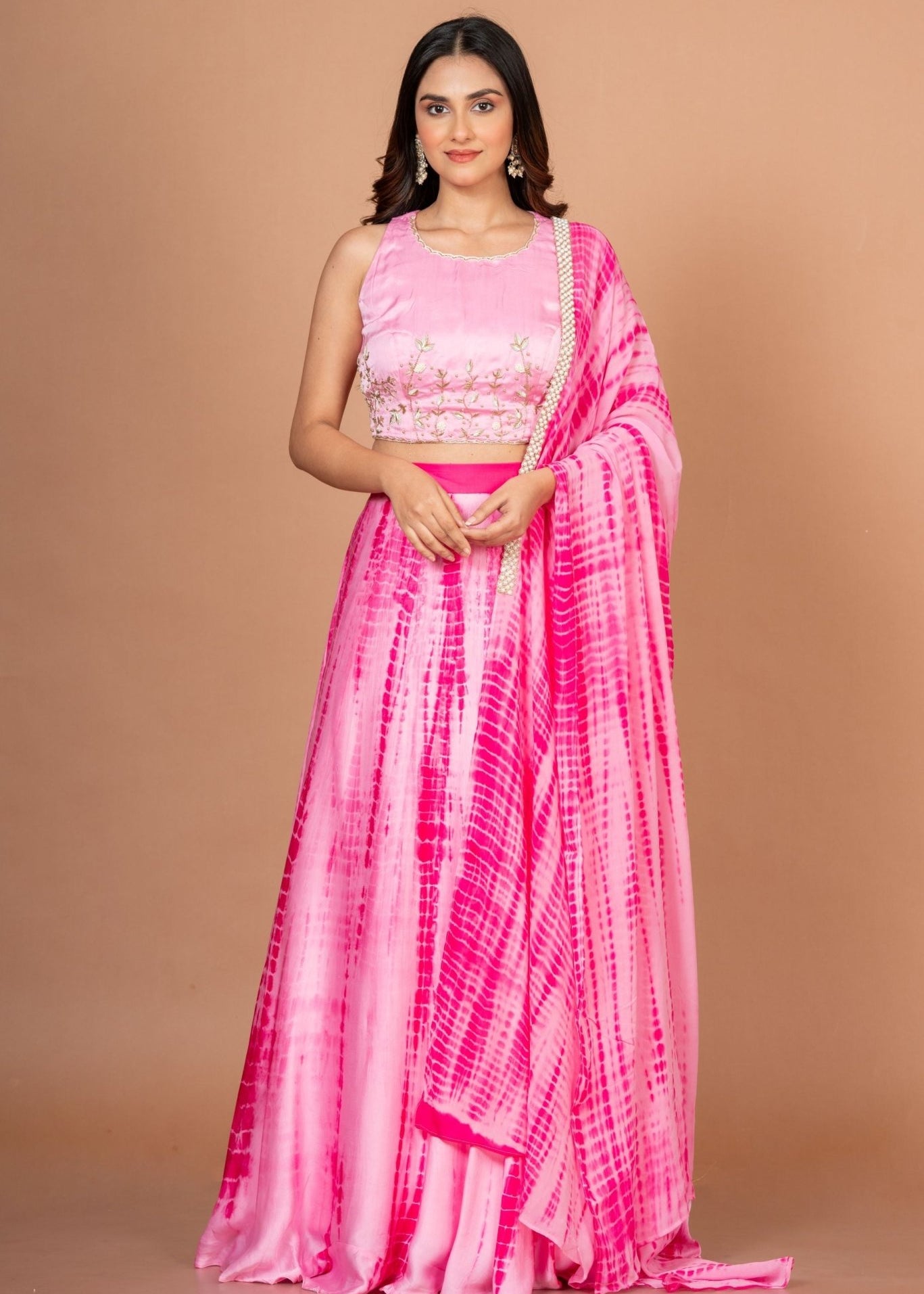 Pink Shibori Lehenga with Hand Embroidered work - Anvi Couture