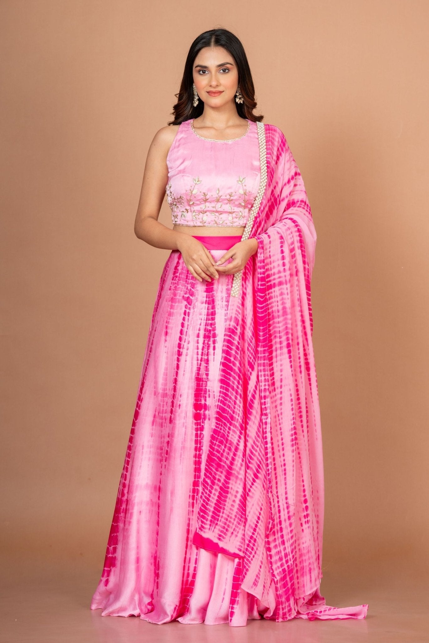 Pink Shibori Lehenga with Hand Embroidered work - Anvi Couture