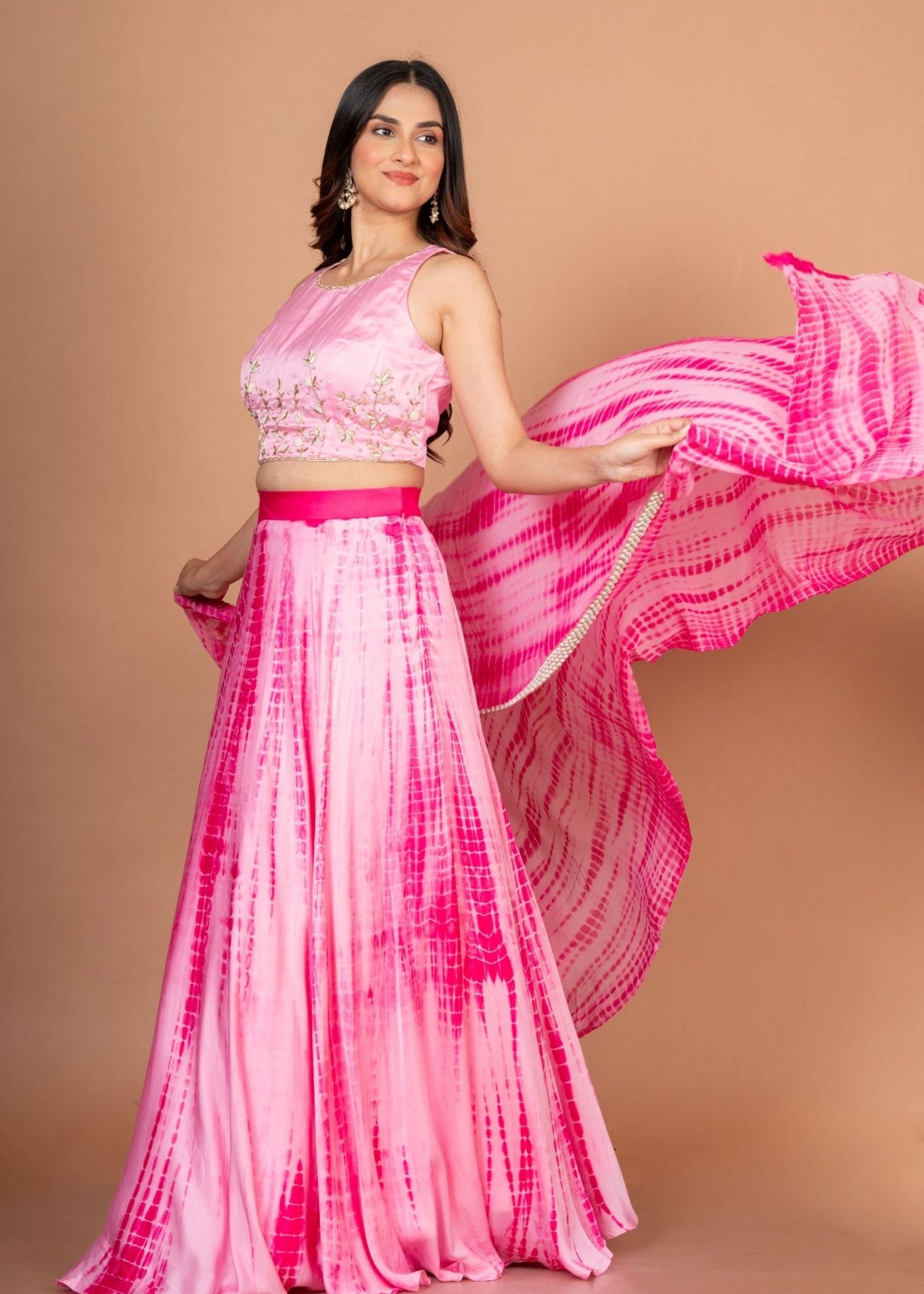 Pink Shibori Lehenga with Hand Embroidered work - Anvi Couture