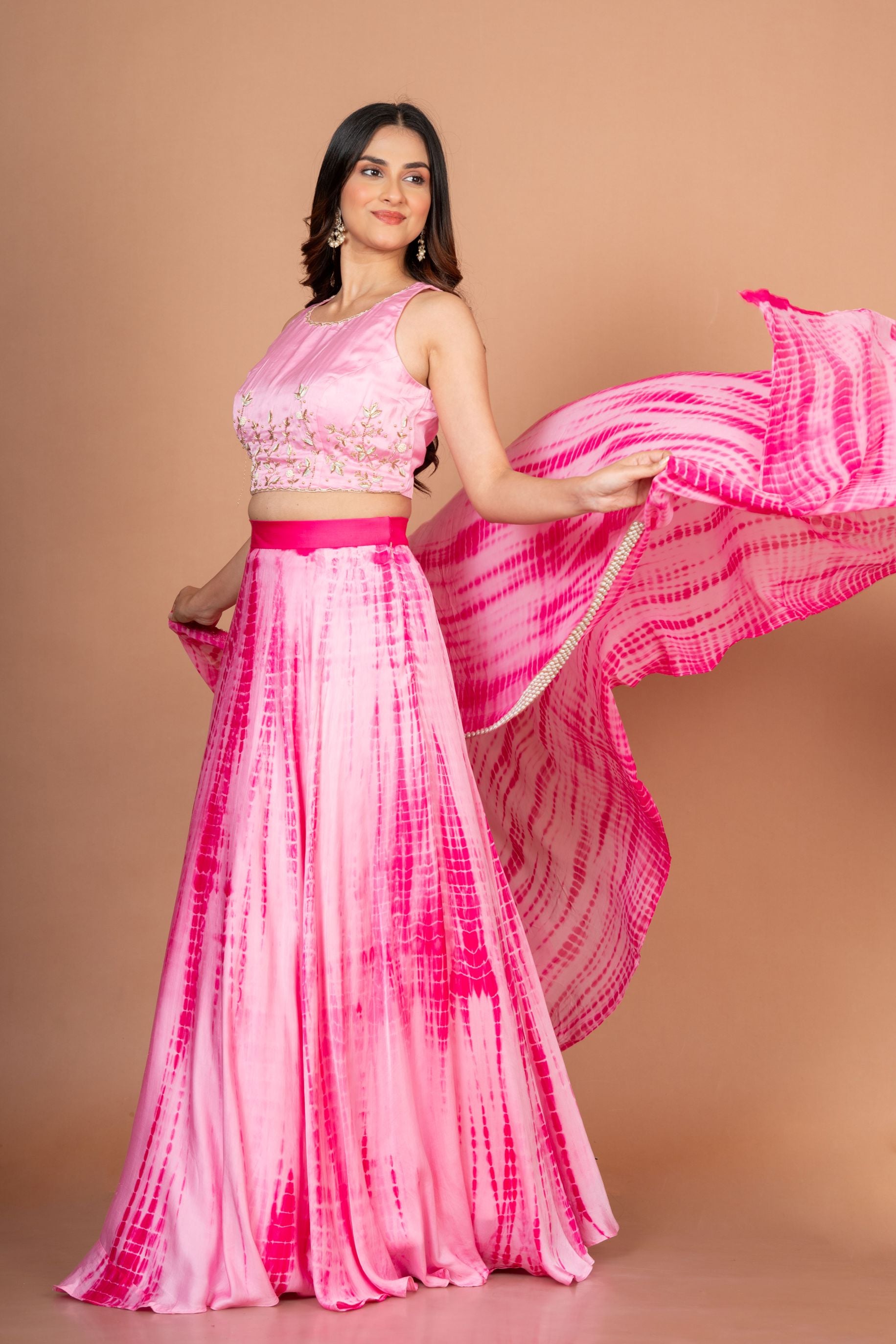 Pink Shibori Lehenga with Hand Embroidered work Side
