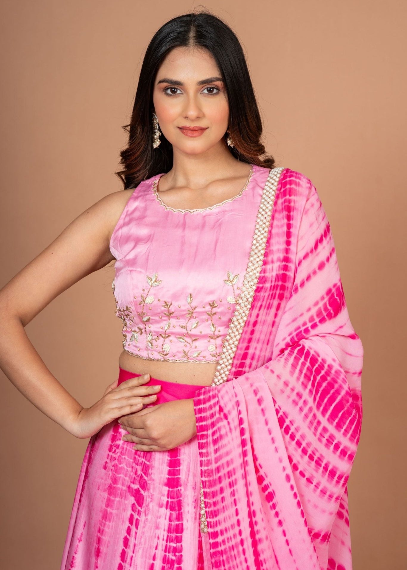 Pink Shibori Lehenga with Hand Embroidered work - Anvi Couture