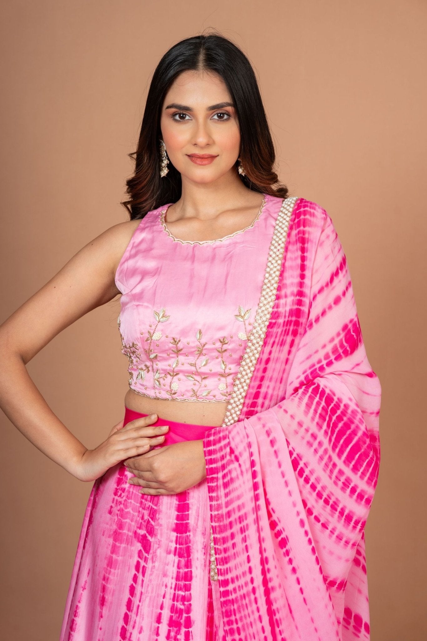 Pink Shibori Lehenga with Hand Embroidered work - Anvi Couture