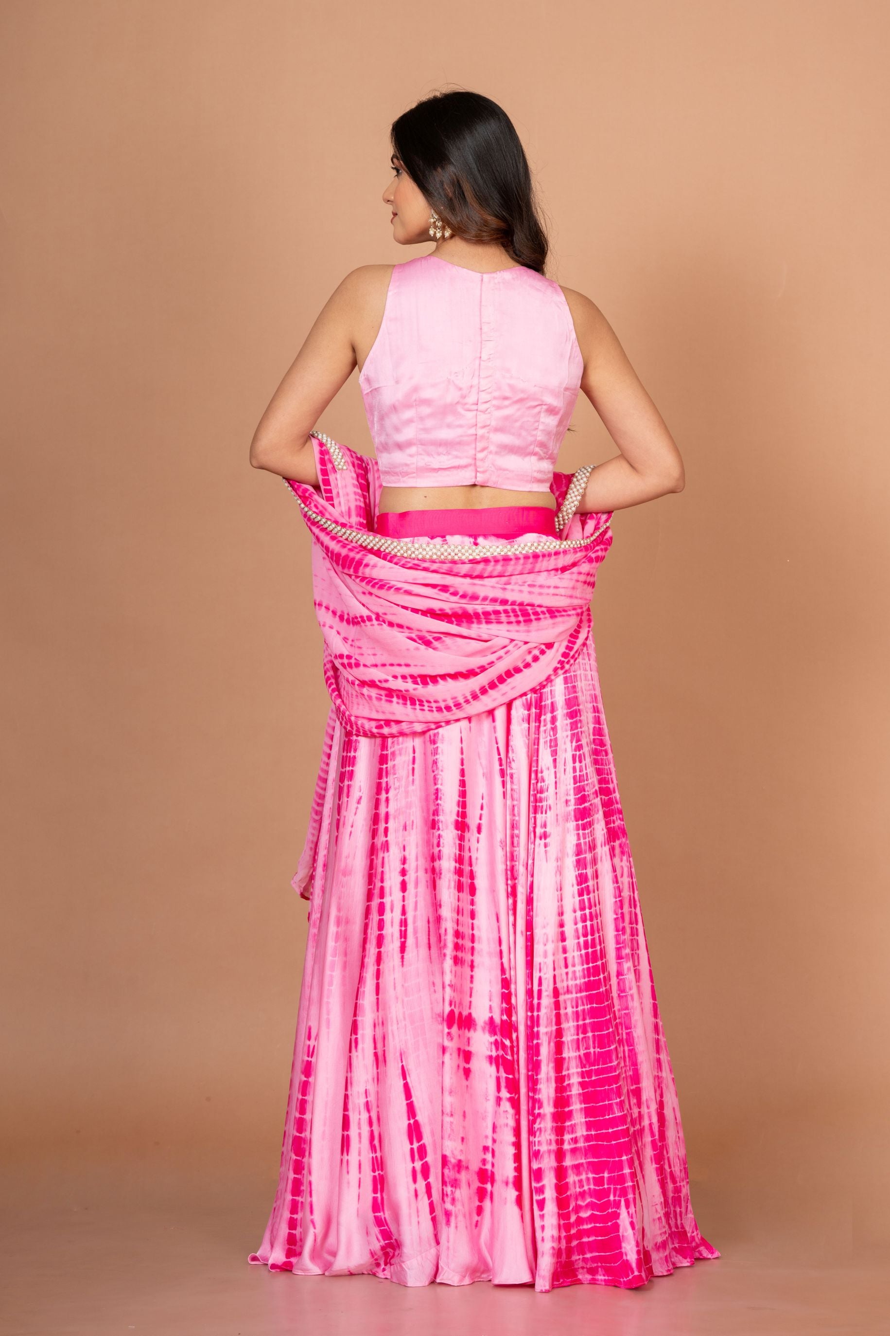 Pink Shibori Lehenga with Hand Embroidered work Back

