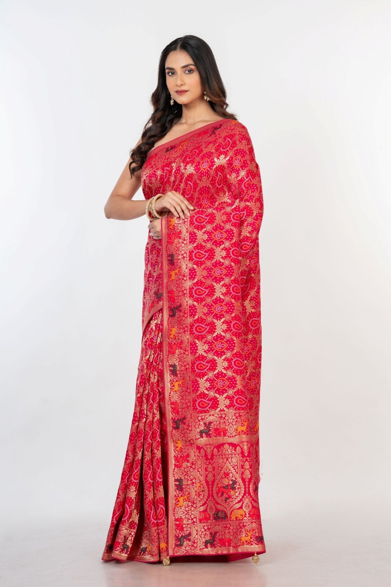 Pink Silk Banarasi Shikargah Handloom Saree - Anvi Couture