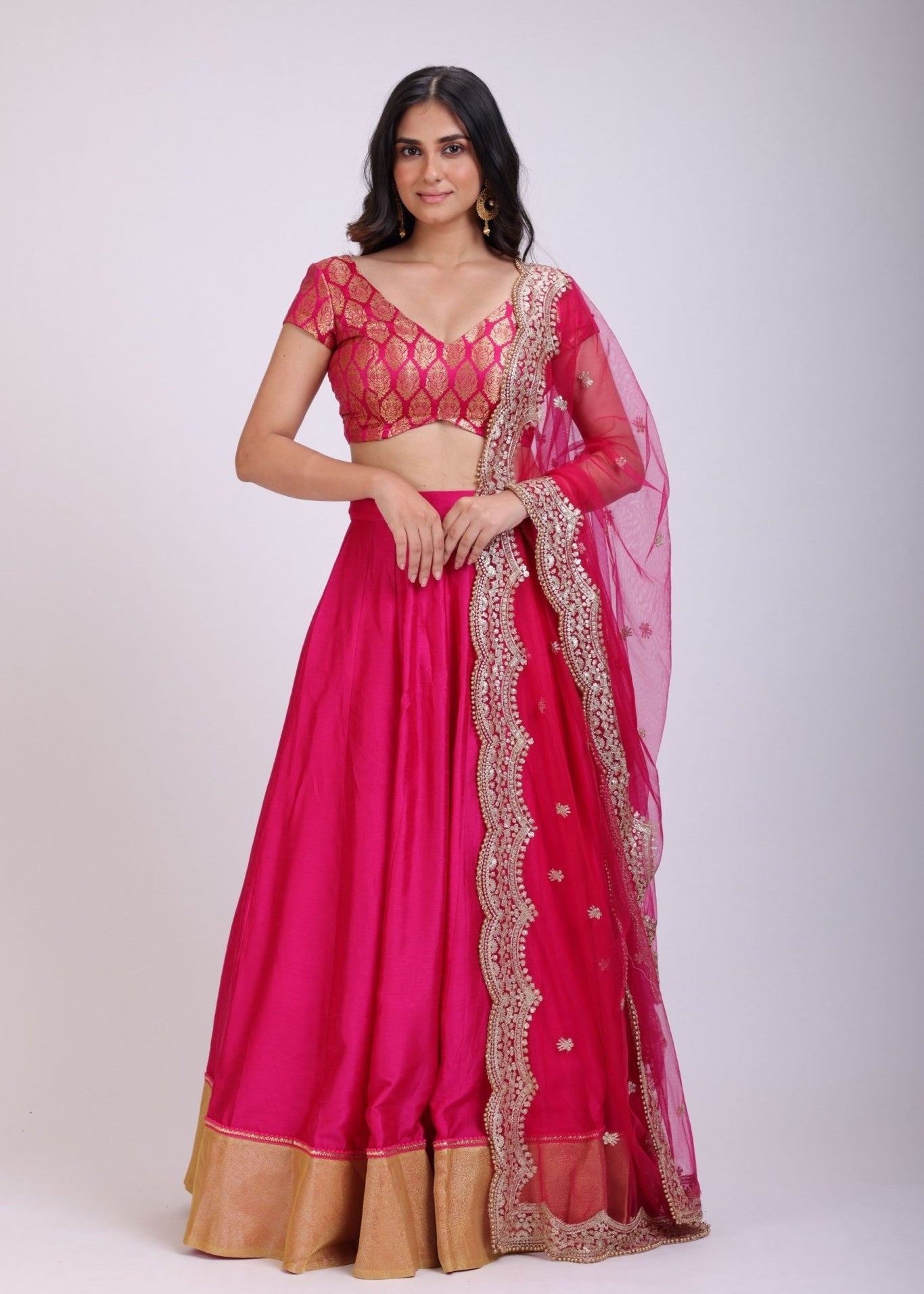 Pink Silk Lehenga Set with Brocade Top - Anvi Couture