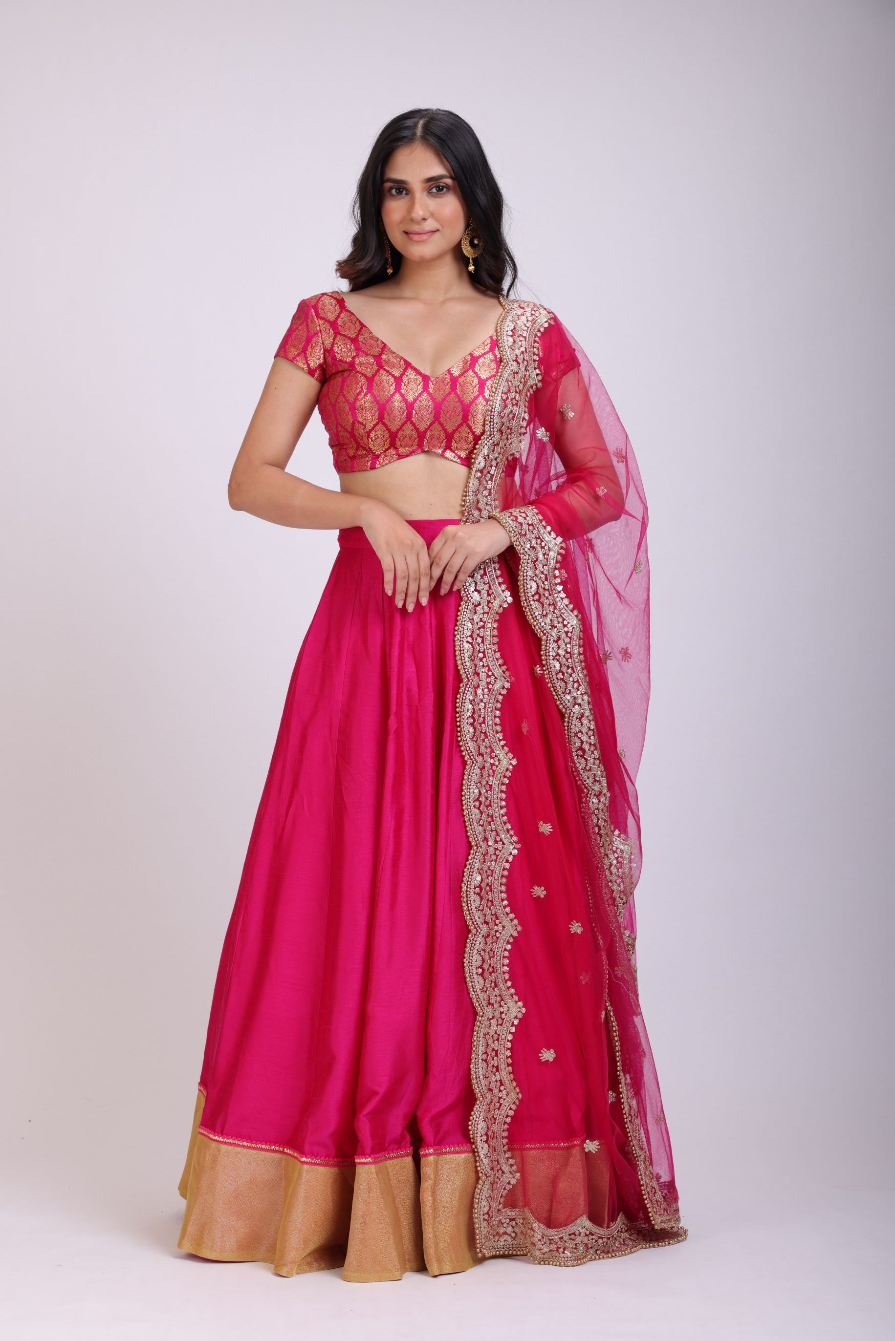 Pink Silk Lehenga Set with Brocade Top full