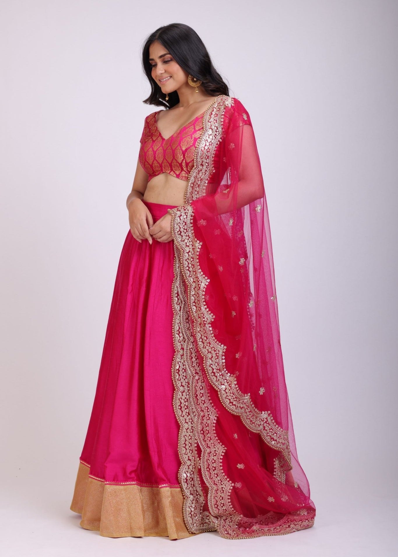 Pink Silk Lehenga Set with Brocade Top - Anvi Couture