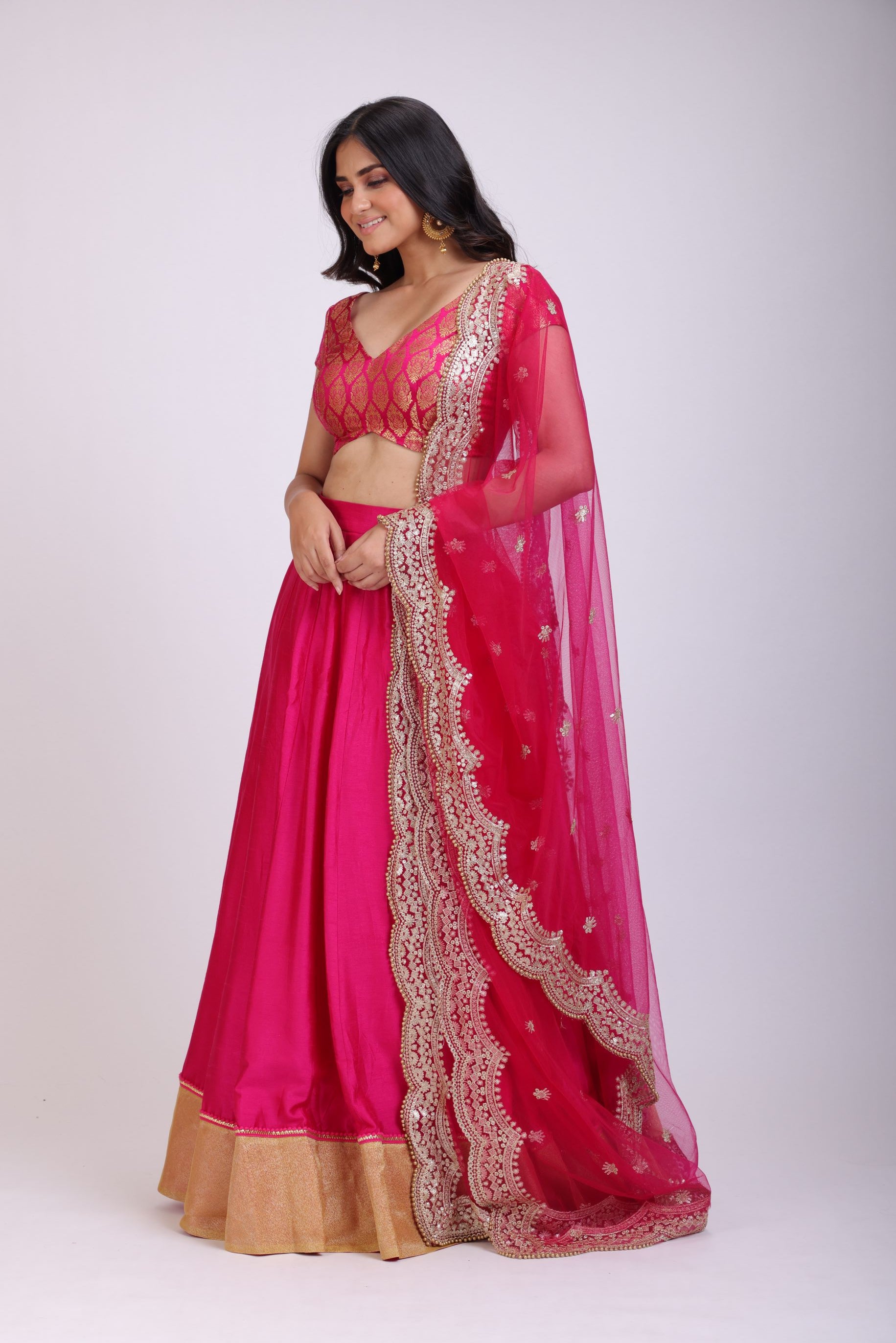 Pink Silk Lehenga Set with Brocade Top front