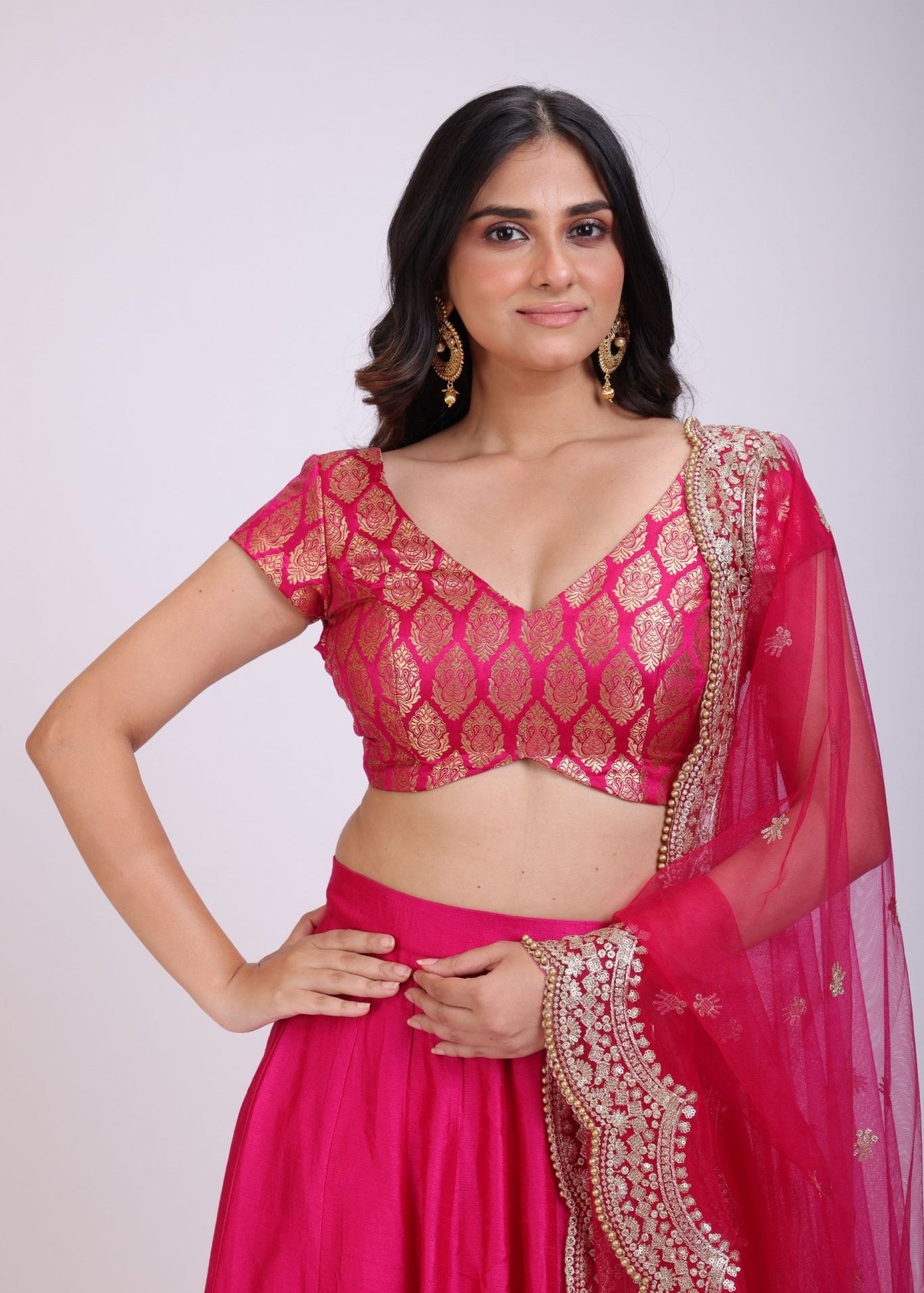 Pink Silk Lehenga Set with Brocade Top - Anvi Couture