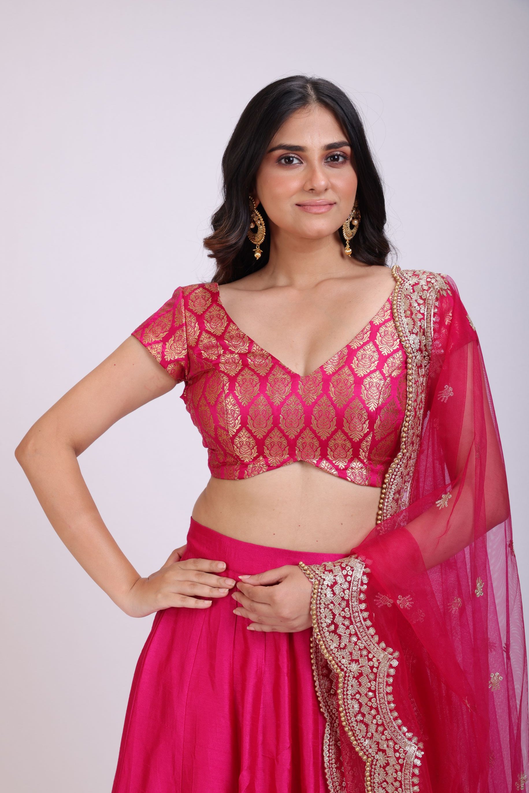Pink Silk Lehenga Set with Brocade Top close up