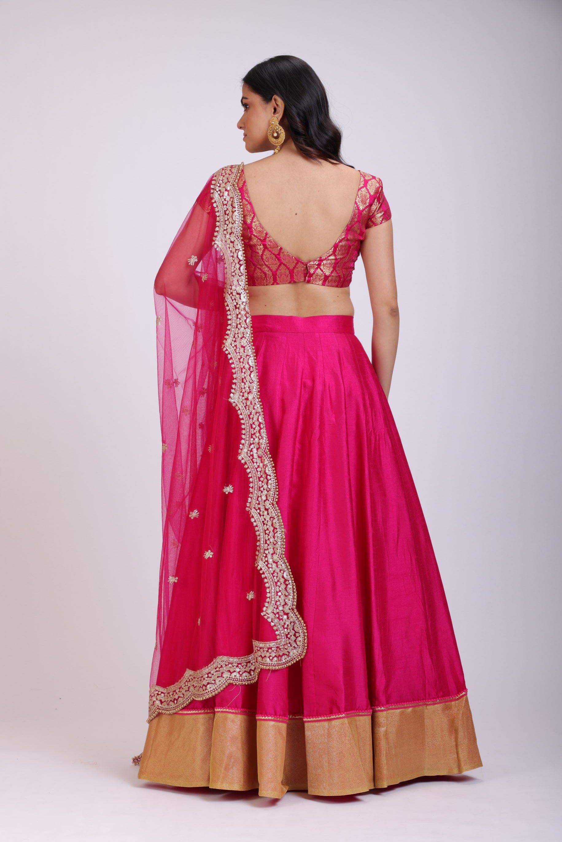 Pink Silk Lehenga Set with Brocade Top back