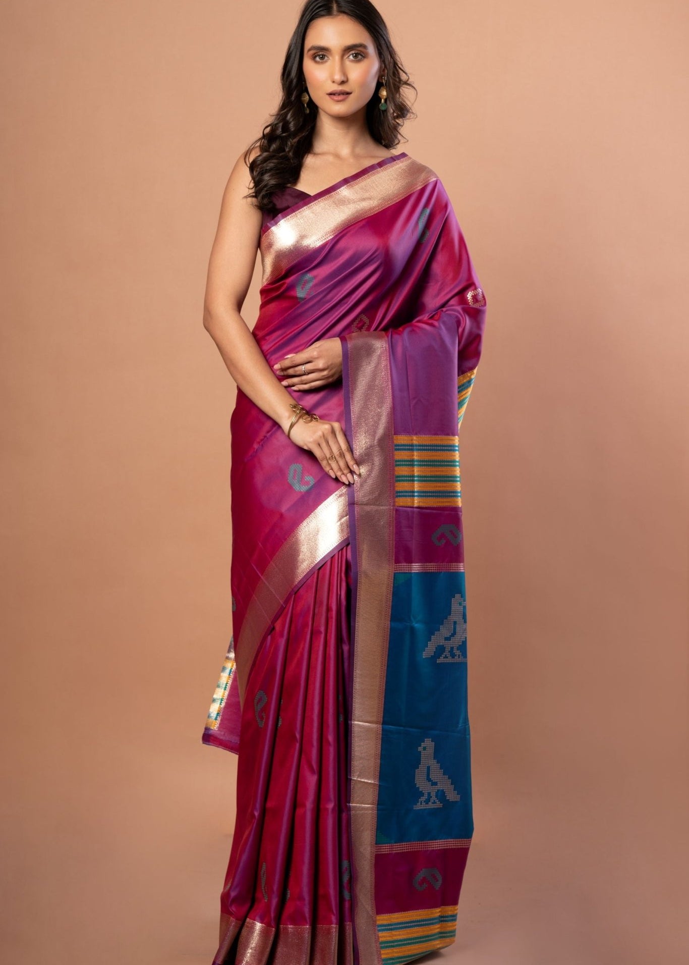 PInk Silk Saree With Golden Border - Anvi Couture