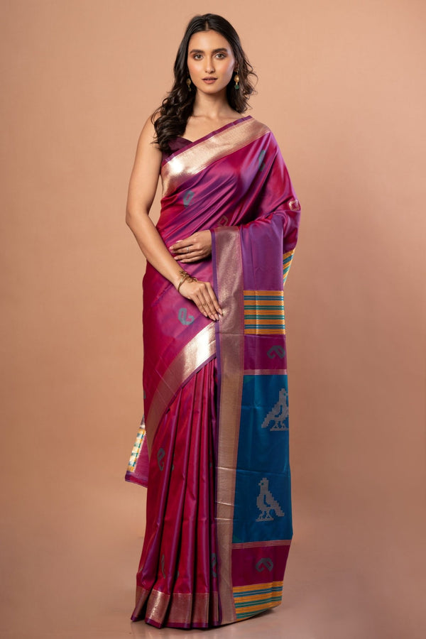 PInk Silk Saree With Golden Border - Anvi Couture