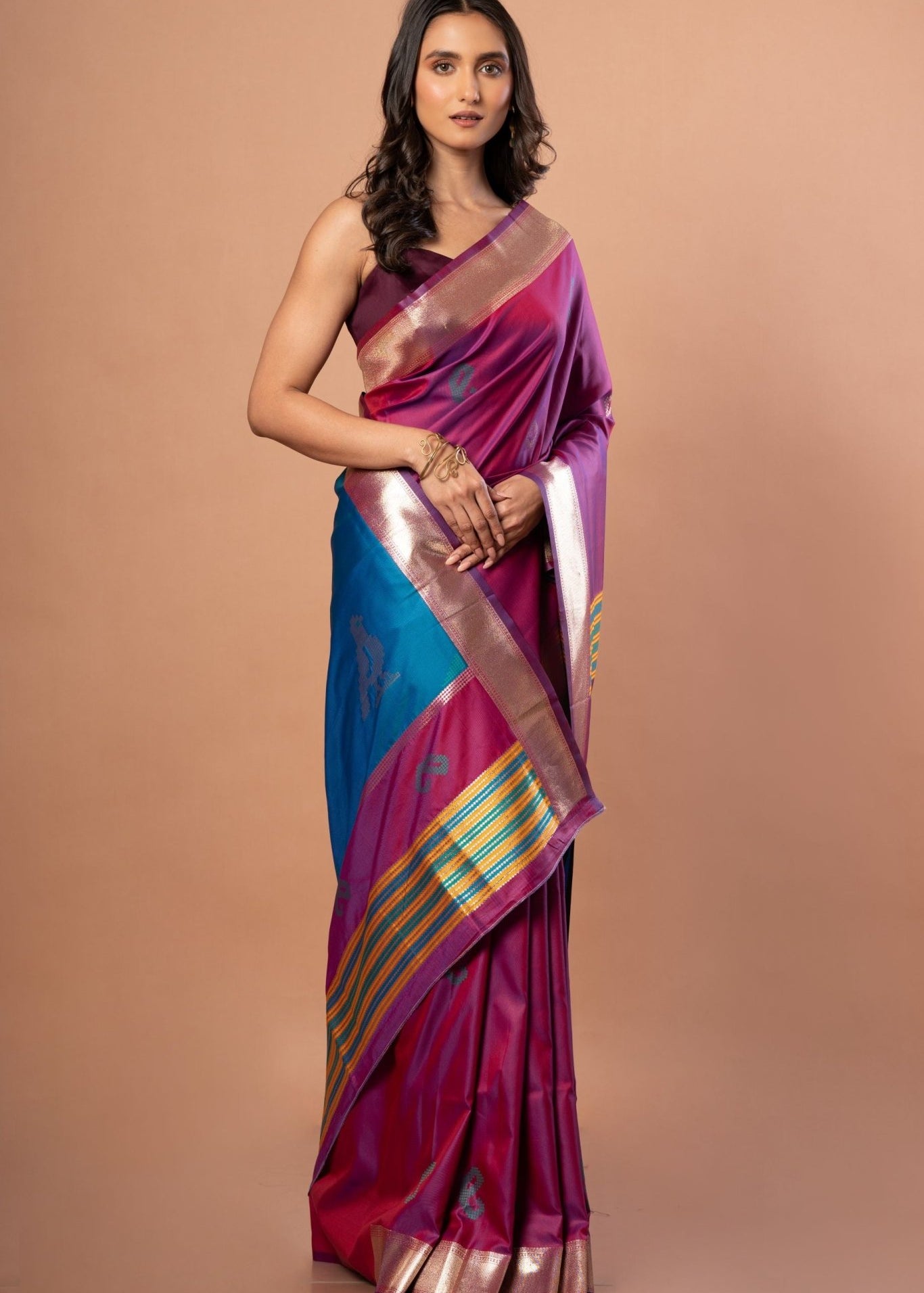 PInk Silk Saree With Golden Border - Anvi Couture