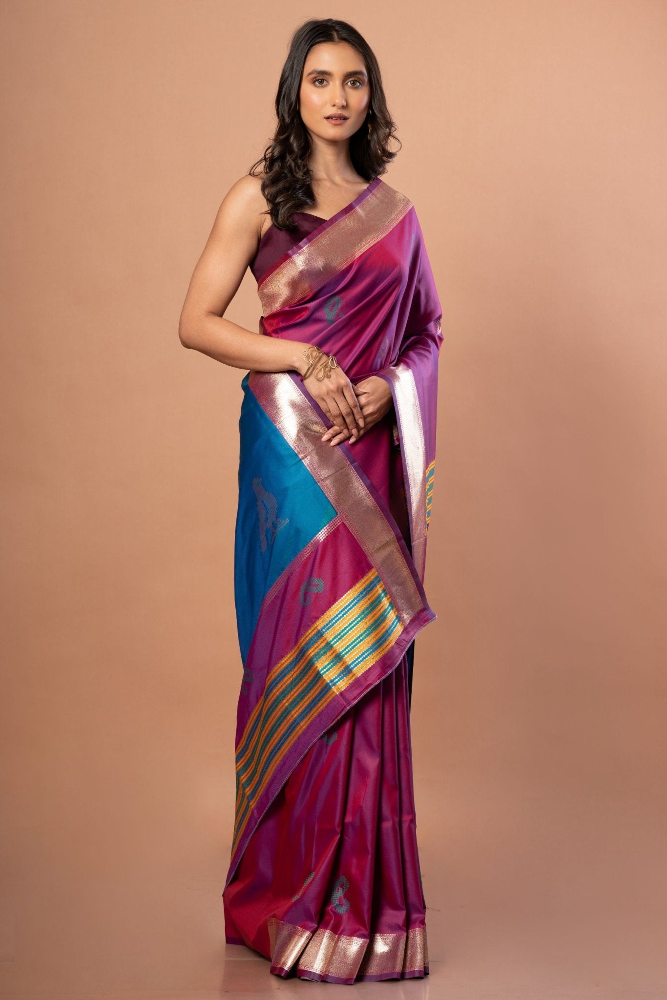 PInk Silk Saree With Golden Border - Anvi Couture