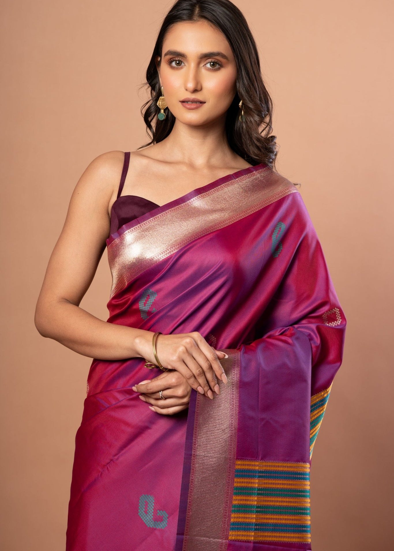 PInk Silk Saree With Golden Border - Anvi Couture