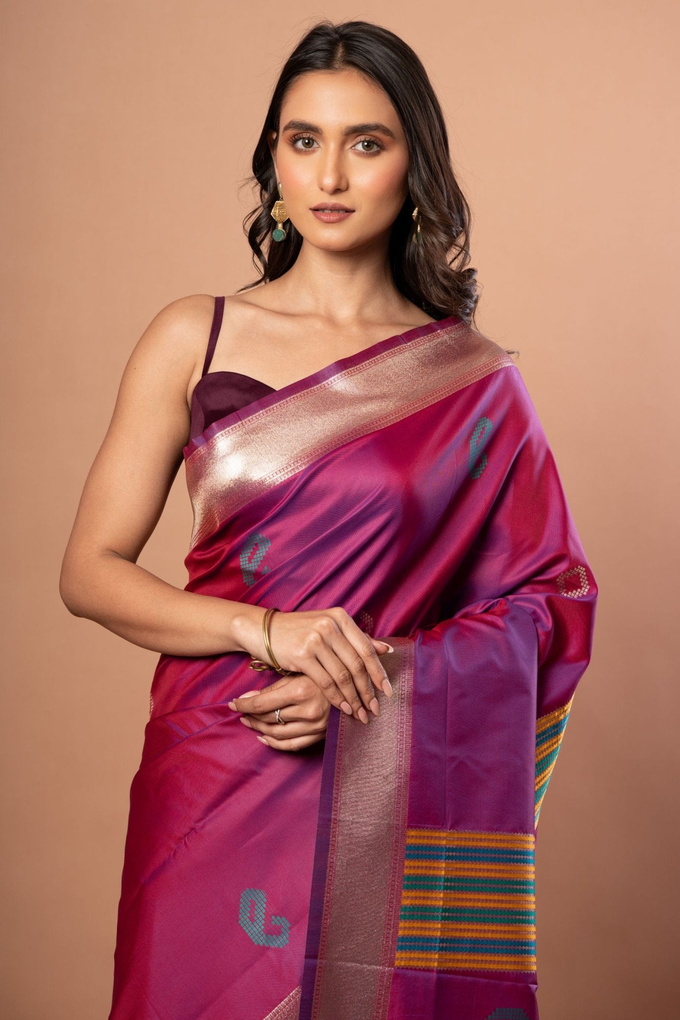 PInk Silk Saree With Golden Border - Anvi Couture