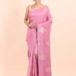Pink Silk Saree With Woven Zari Floral with Unstitch Blouse Piece Front View