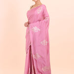 Pink Silk Saree With Woven Zari Floral with Unstitch Blouse Piece Side View