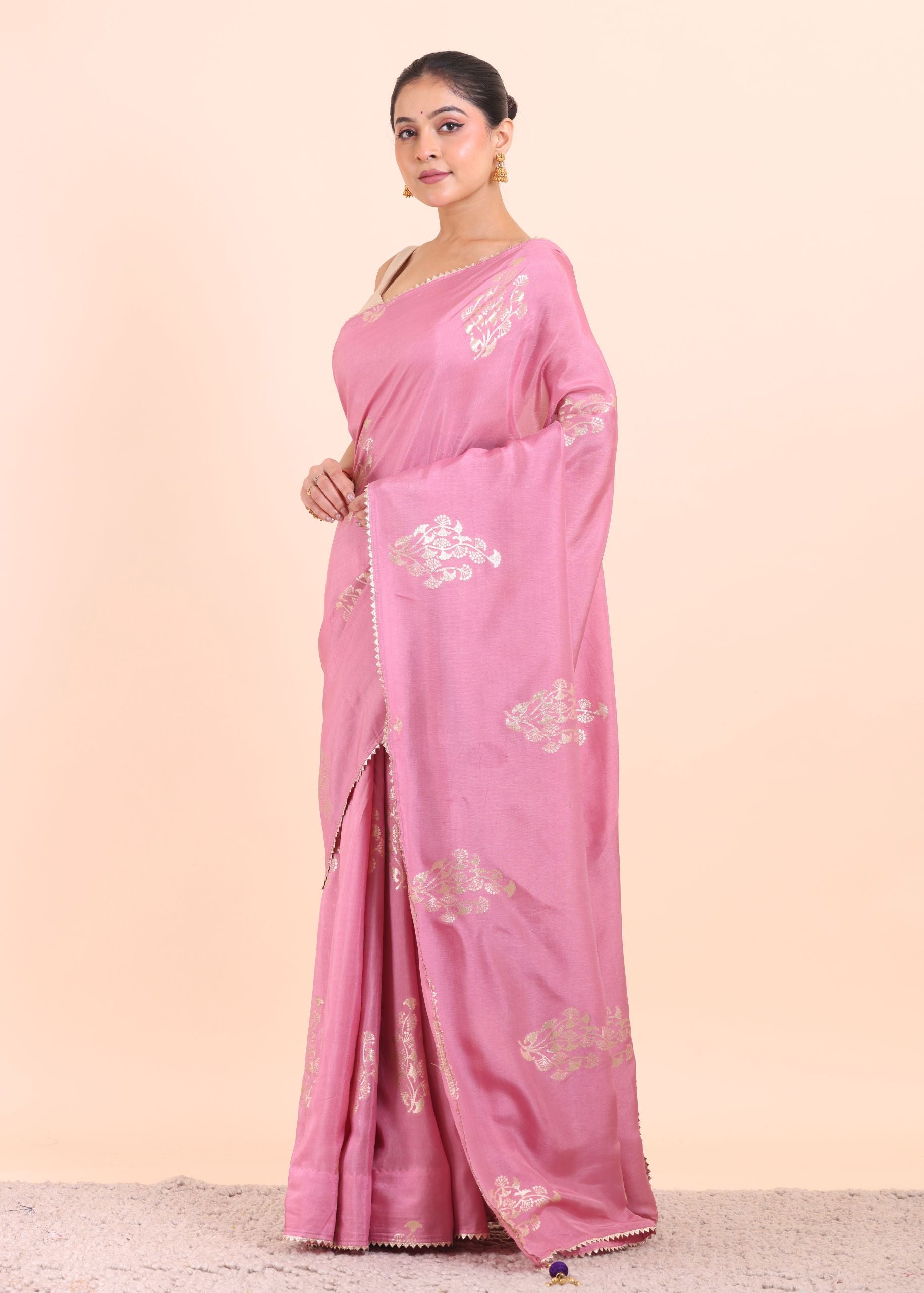 Pink Silk Saree With Woven Zari Floral with Unstitch Blouse Piece Side View