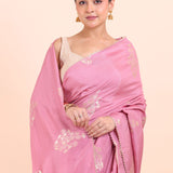 Pink Silk Saree With Woven Zari Floral with Unstitch Blouse Piece Close Up View