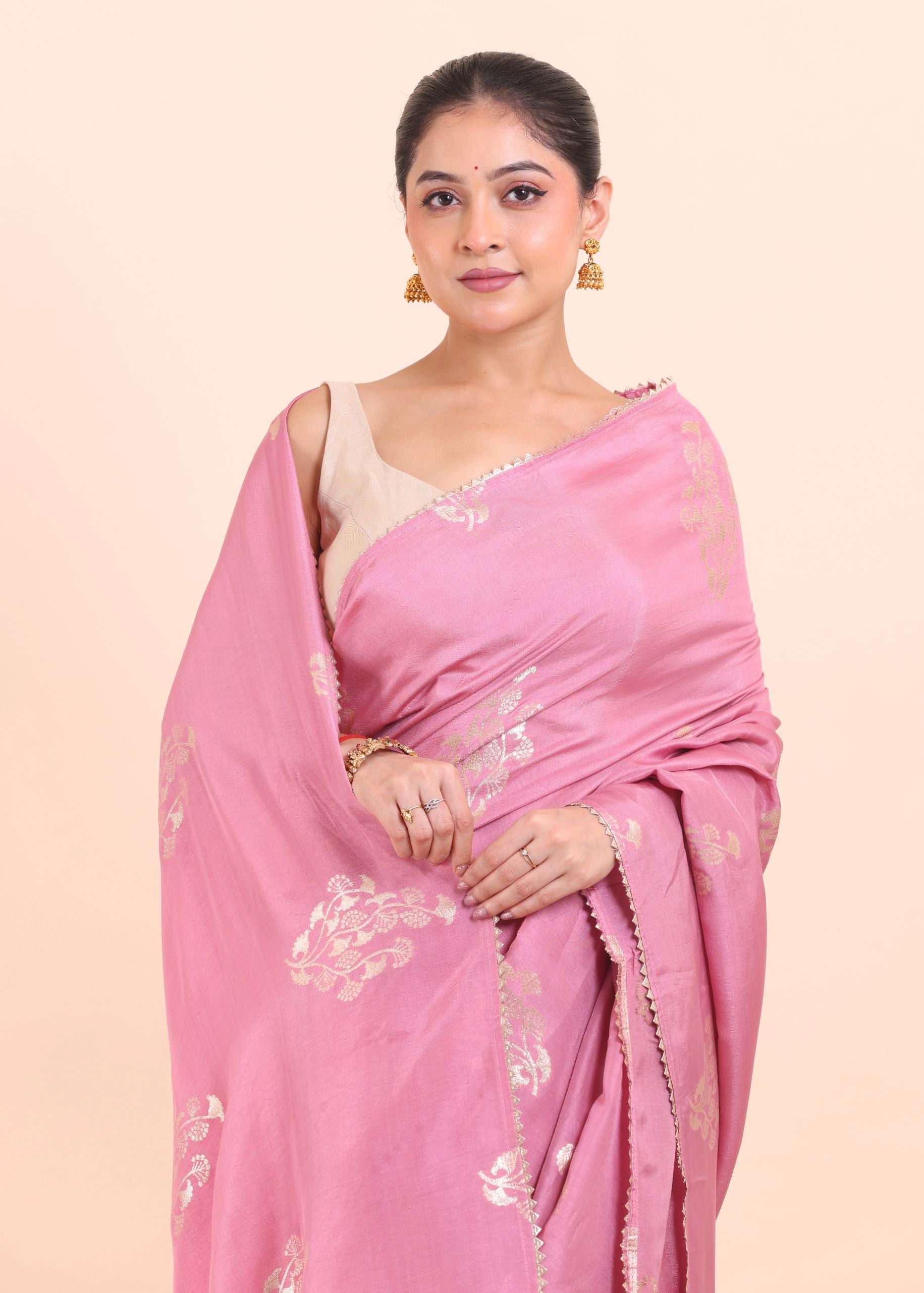 Pink Silk Saree With Woven Zari Floral with Unstitch Blouse Piece Close Up View