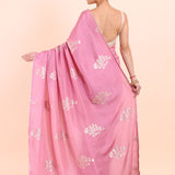 Pink Silk Saree With Woven Zari Floral with Unstitch Blouse Piece Back View