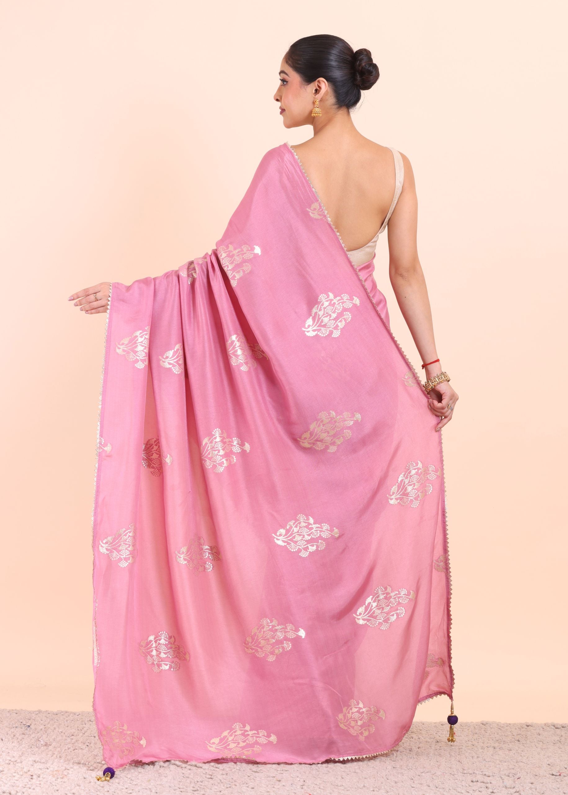 Pink Silk Saree With Woven Zari Floral with Unstitch Blouse Piece Back View