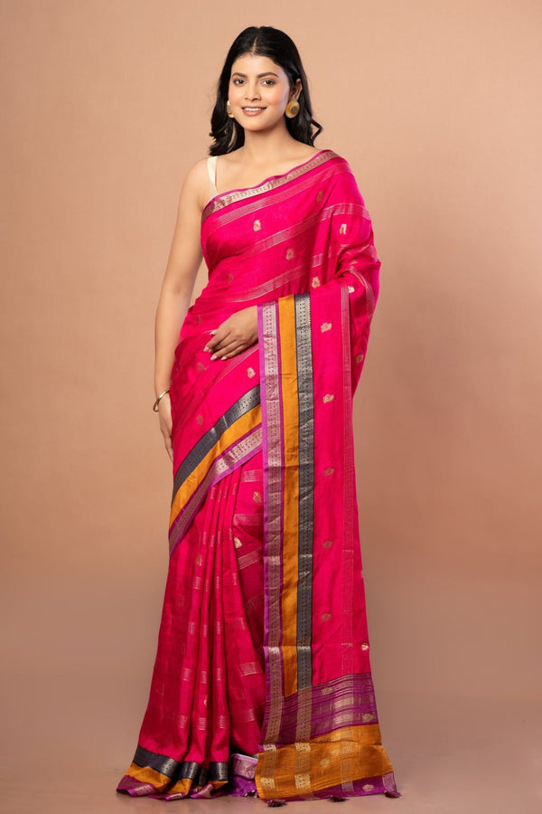 Pink Silk Saree with Multi Color Woven Border - Anvi Couture