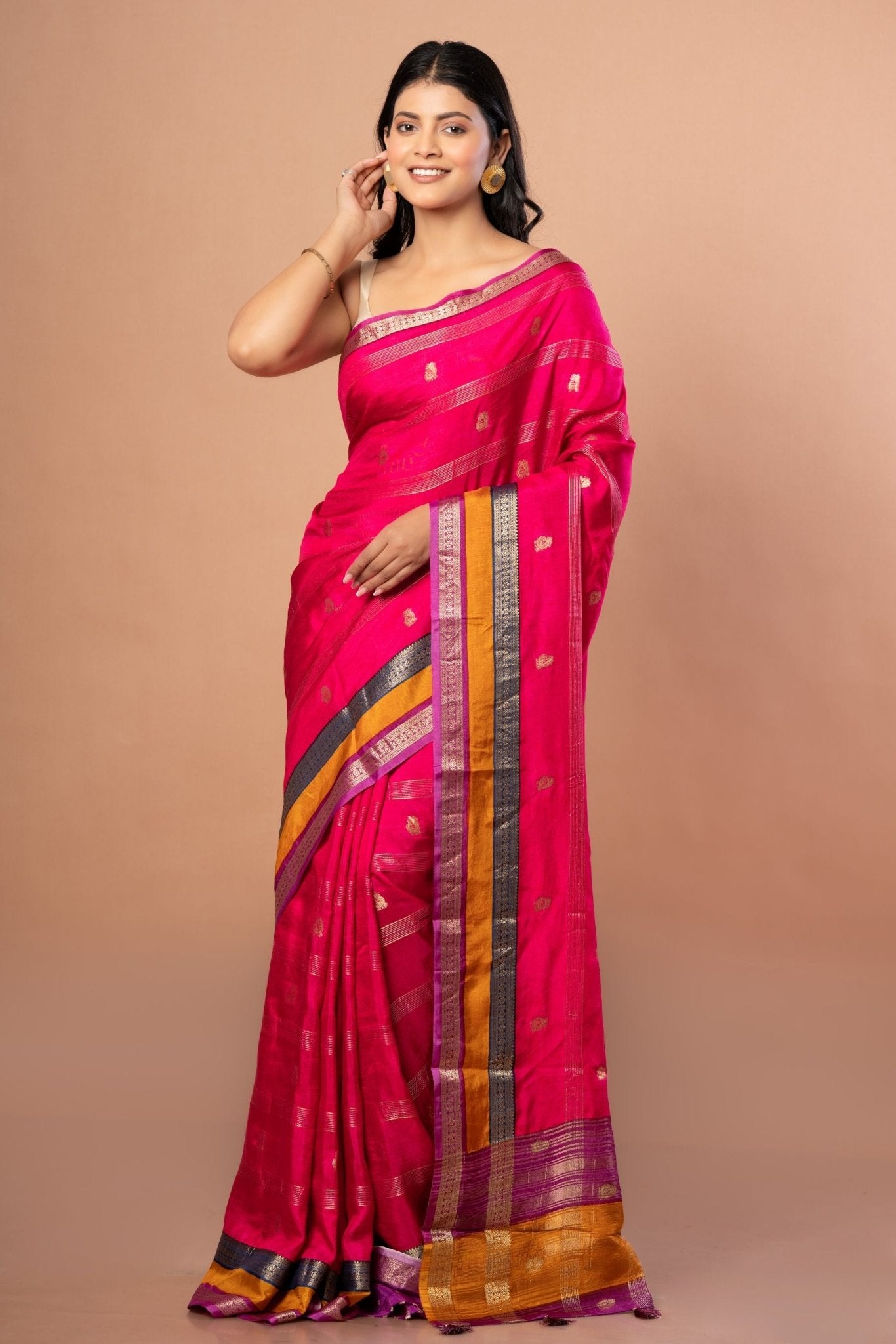 Pink Silk Saree with Multi Color Woven Border - Anvi Couture